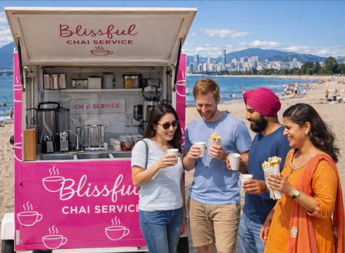 Blissful Chai Service cart at the beach with happy customers