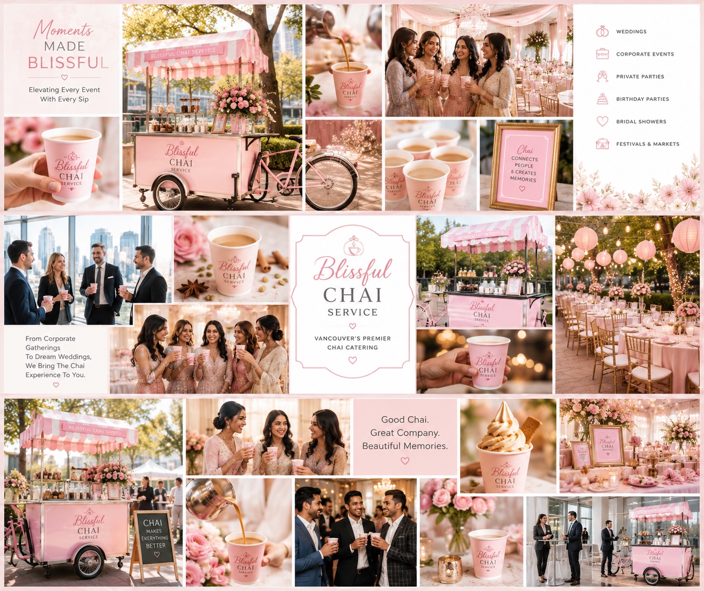A collage of Blissful Chai carts, cups and guests at celebrations